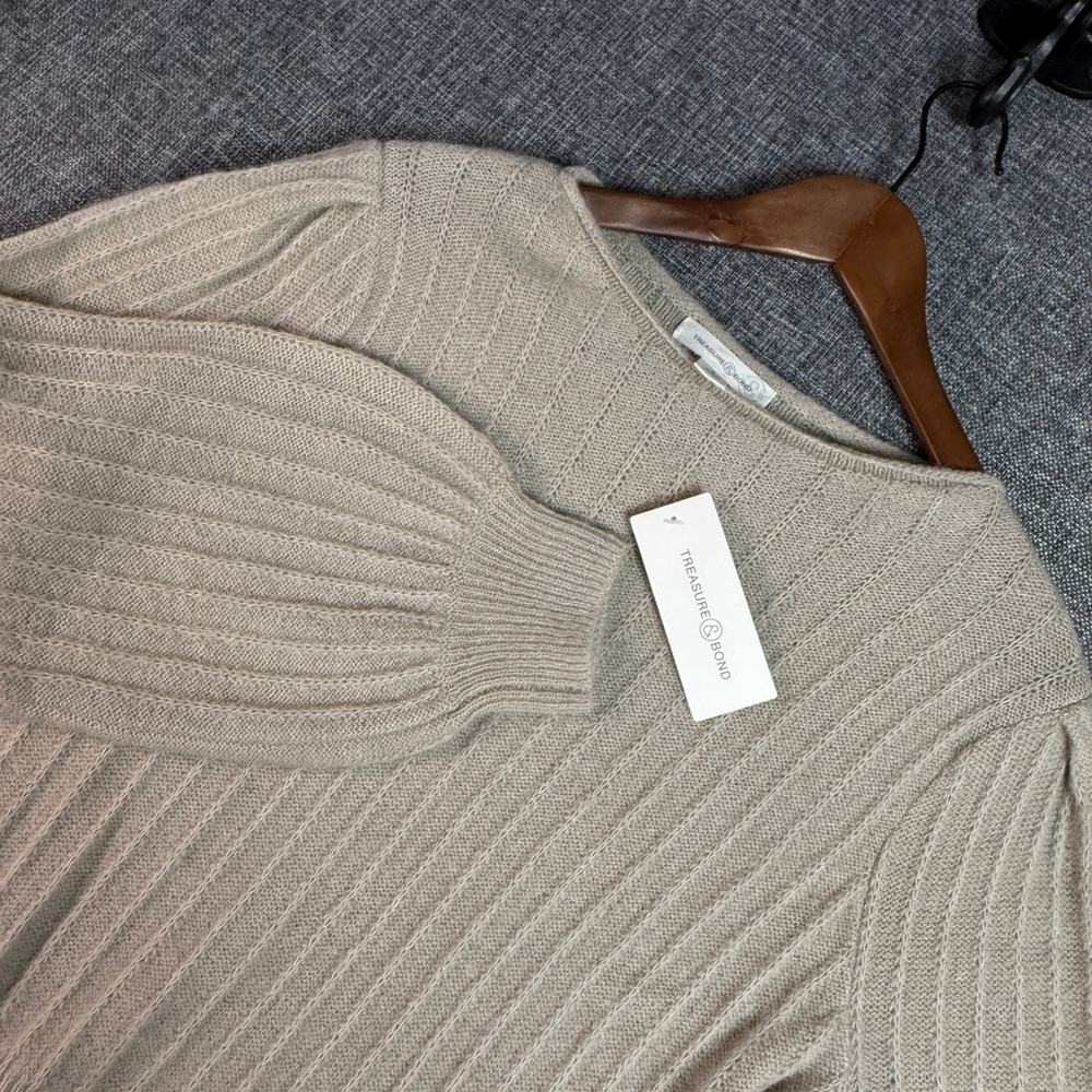 Treasure & Bond‎ Puff Sleeve Ribbed Sweater Women S Beige Knit Top New with Tags
